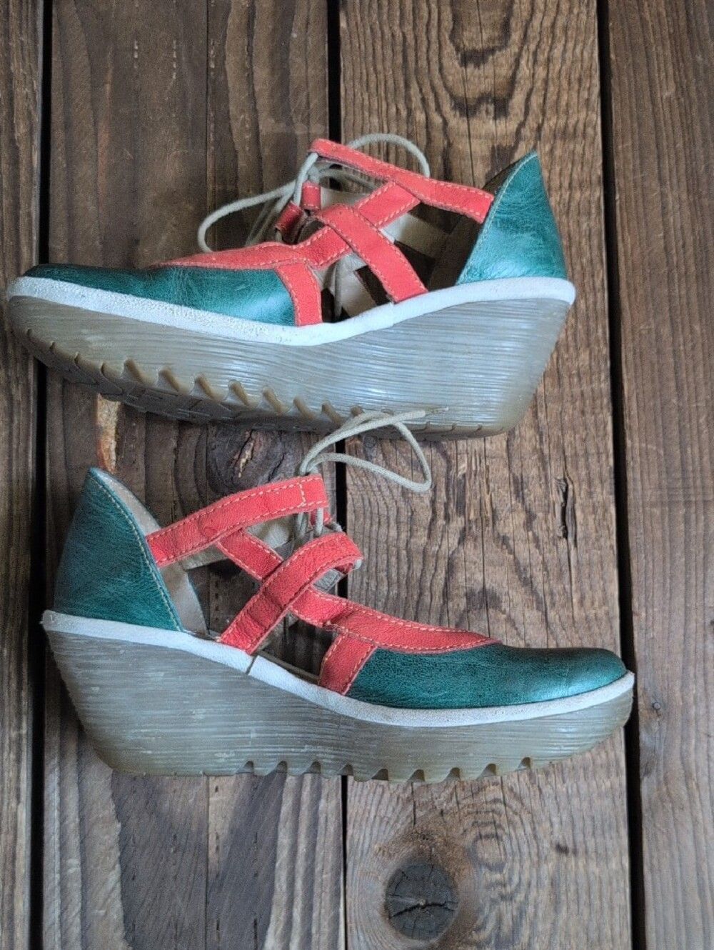FLY London Teal + Coral Mary Jane Wedges - Picture 4 of 8